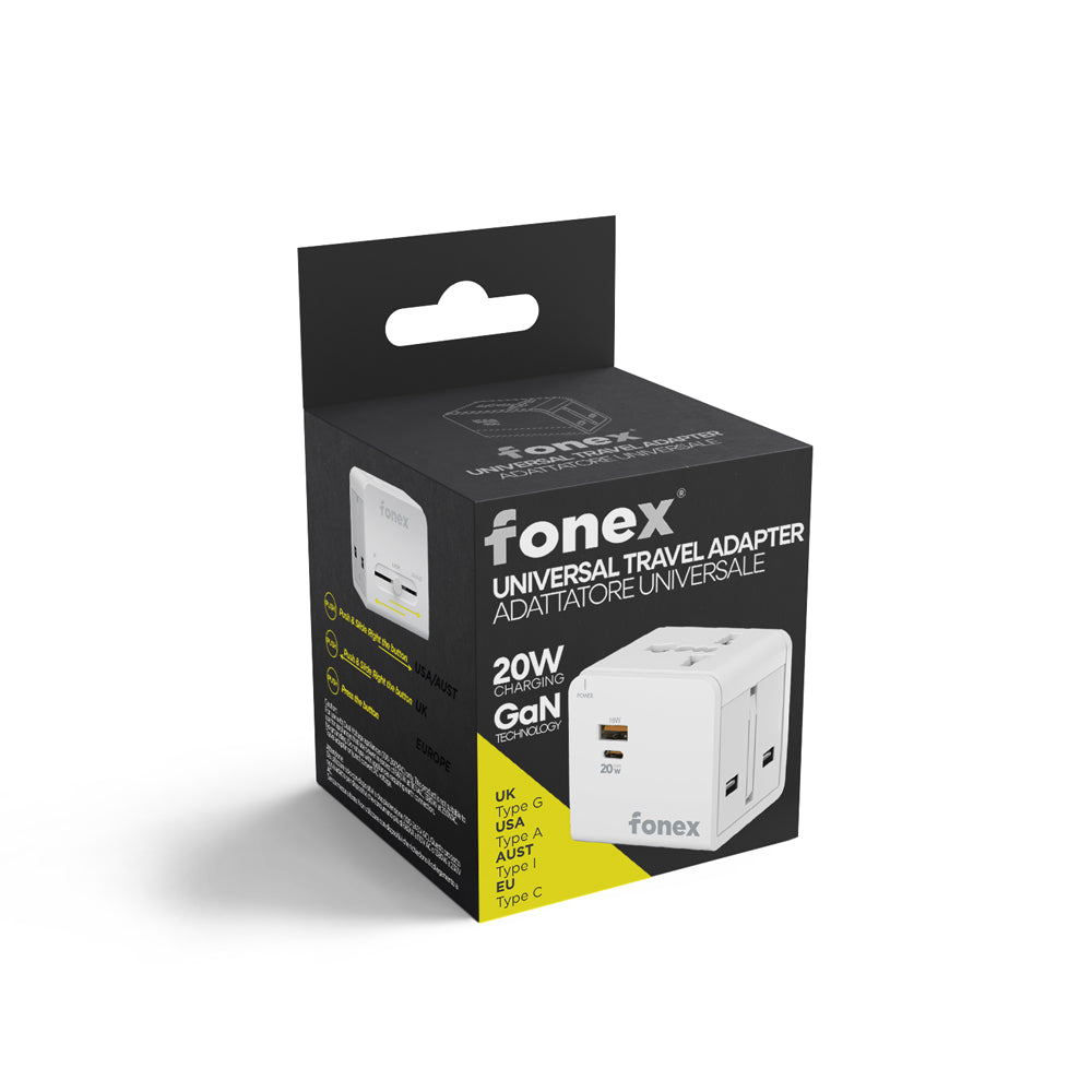 FONEX adattatore universale da viaggio 20W GaN compatibile con prese USA, AU, EU, UK Con porta Type-C e USB Bianco