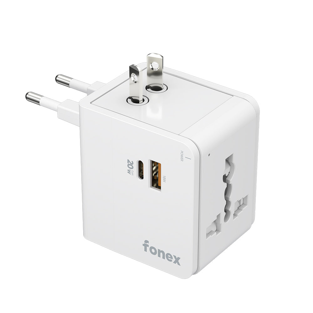 FONEX adattatore universale da viaggio 20W GaN compatibile con prese USA, AU, EU, UK Con porta Type-C e USB Bianco