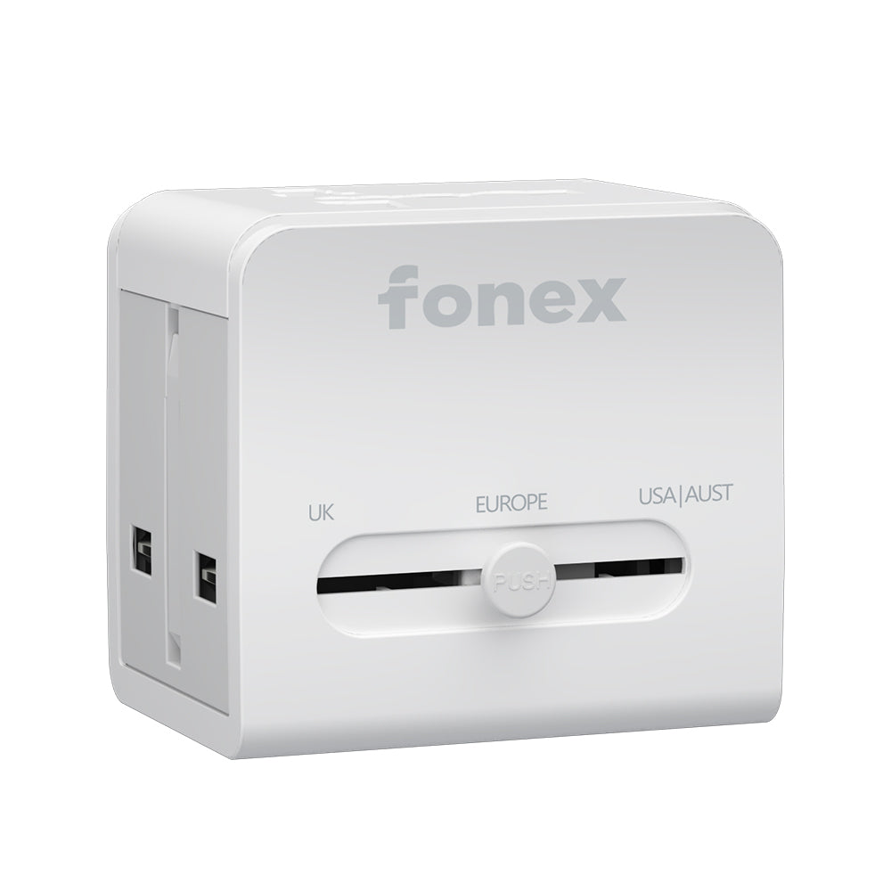 FONEX adattatore universale da viaggio 20W GaN compatibile con prese USA, AU, EU, UK Con porta Type-C e USB Bianco