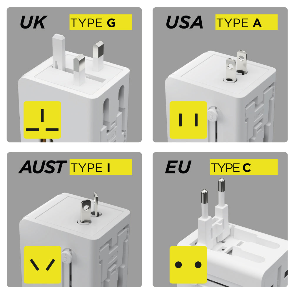 FONEX adattatore universale da viaggio 20W GaN compatibile con prese USA, AU, EU, UK Con porta Type-C e USB Bianco