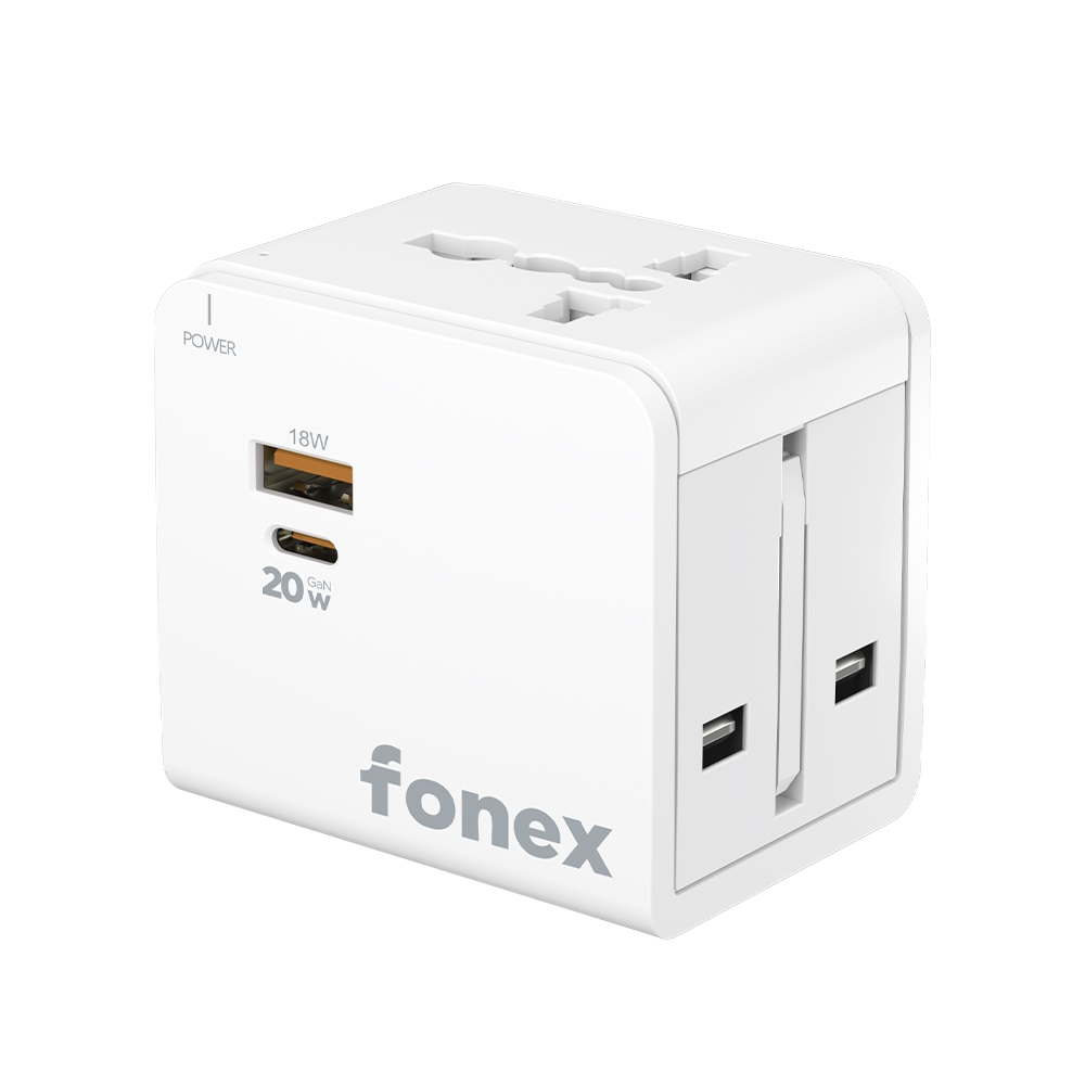 FONEX adattatore universale da viaggio 20W GaN compatibile con prese USA, AU, EU, UK Con porta Type-C e USB Bianco