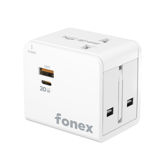 FONEX adattatore universale da viaggio 20W GaN compatibile con prese USA, AU, EU, UK Con porta Type-C e USB Bianco