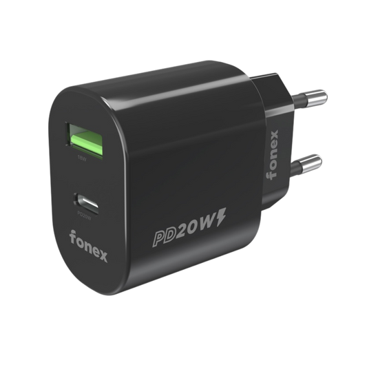 Fonex caricatore da rete 20W con porta USB + Type-C (PD) GaN Nero