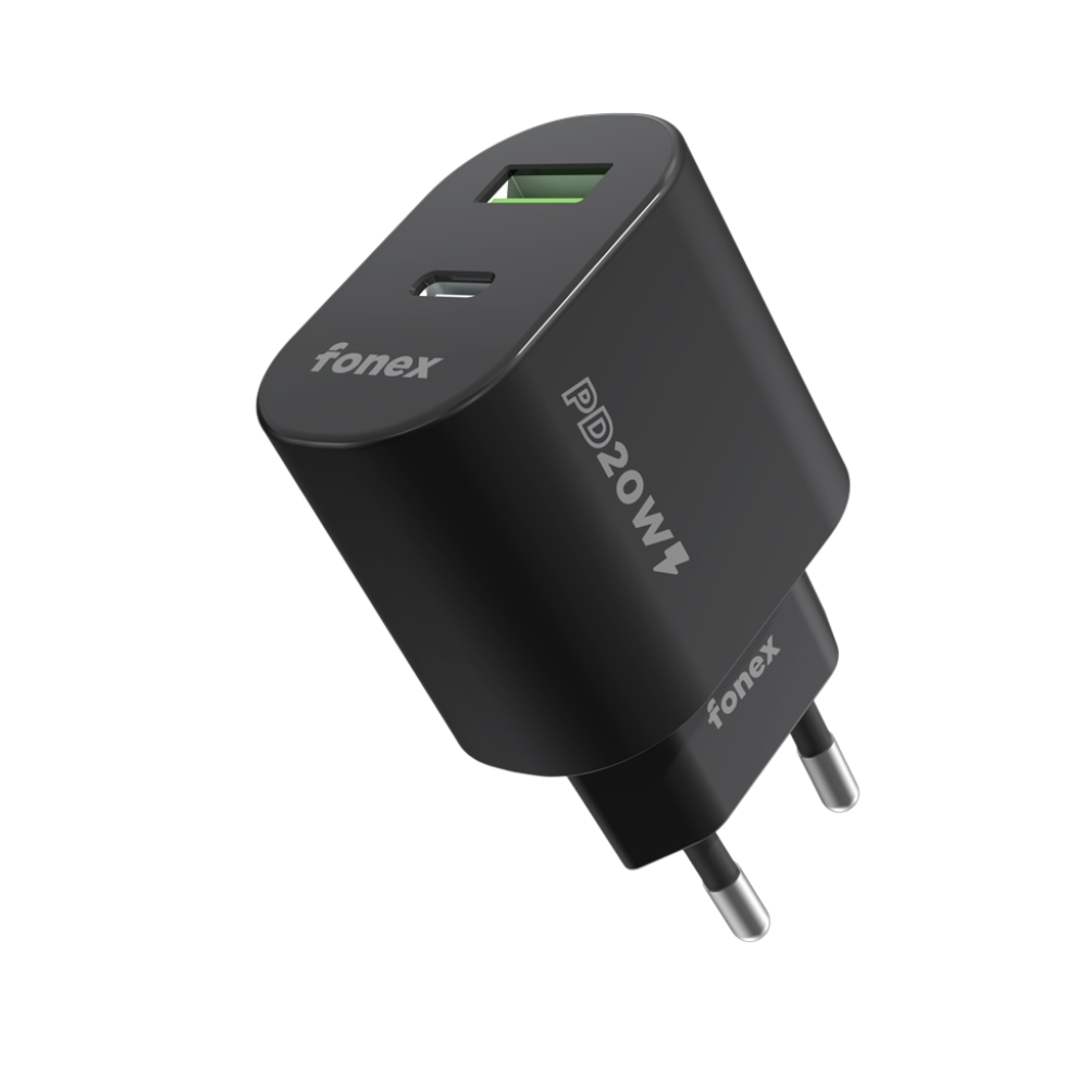 Fonex caricatore da rete 20W con porta USB + Type-C (PD) GaN Nero