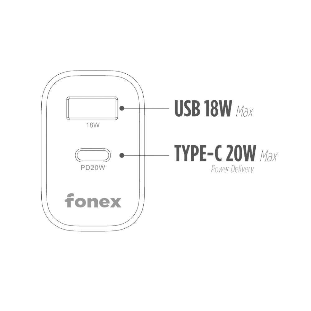 Fonex caricatore da rete 20W con porta USB + Type-C (PD) GaN Nero
