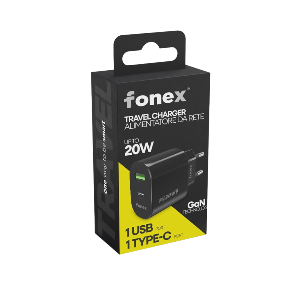 Fonex caricatore da rete 20W con porta USB + Type-C (PD) GaN Nero